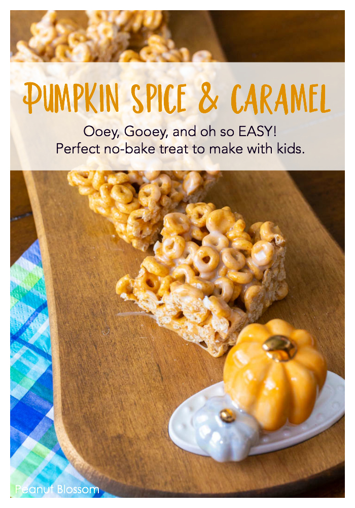 Easy no bake pumpkin spice Cheerios bars made with marshmallows and melted caramel