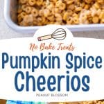 The photo collage shows the pumpkin spice cheerio bars in a baking pan next to a photo of the treats sliced into squares and served on a pumpkin platter.