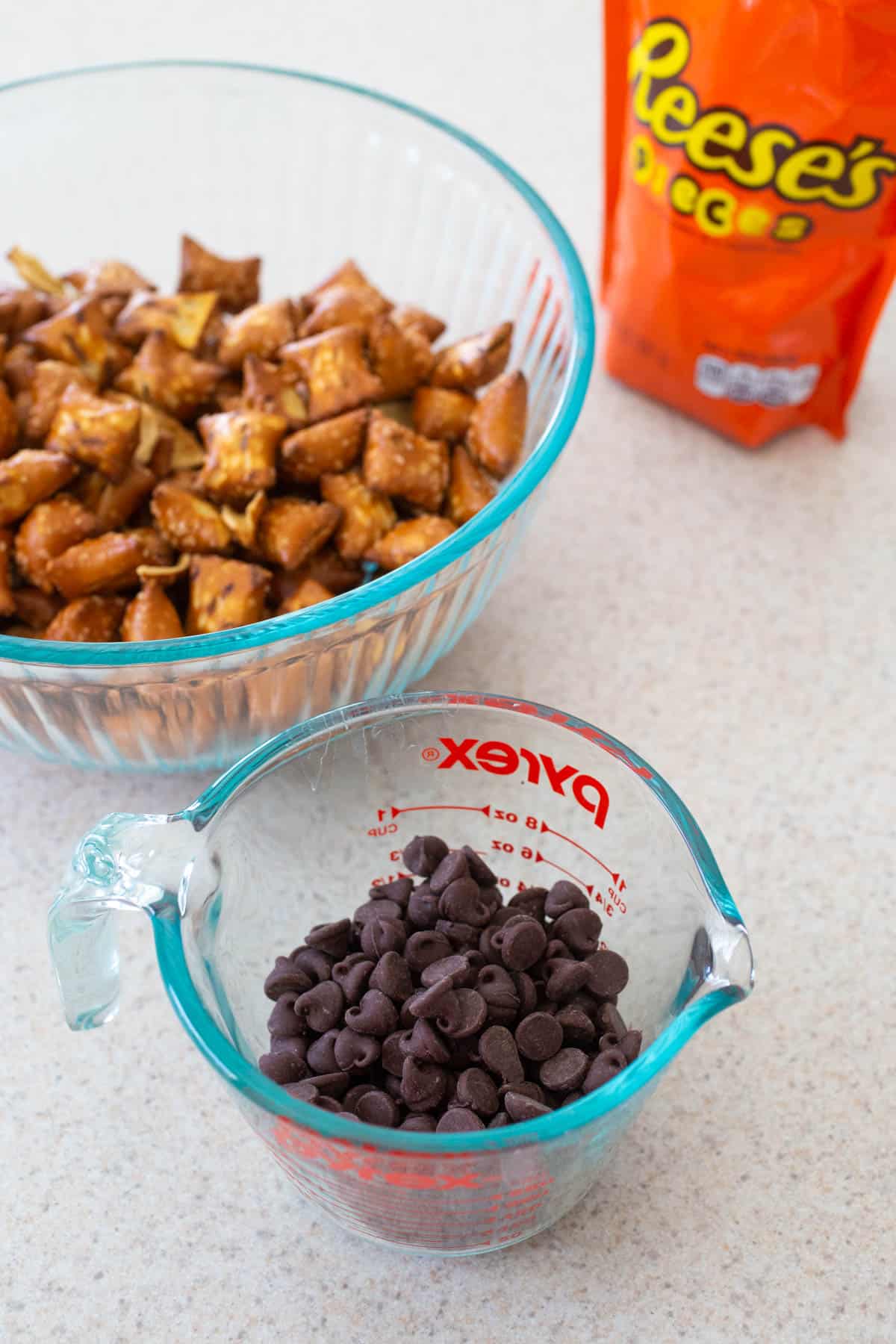 The ingredients to make the pretzel bites are on the counter.