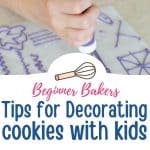 A young girl is piping icing on a practice piece of parchment paper. The second photo shows purple heart cookies with white polka dots.