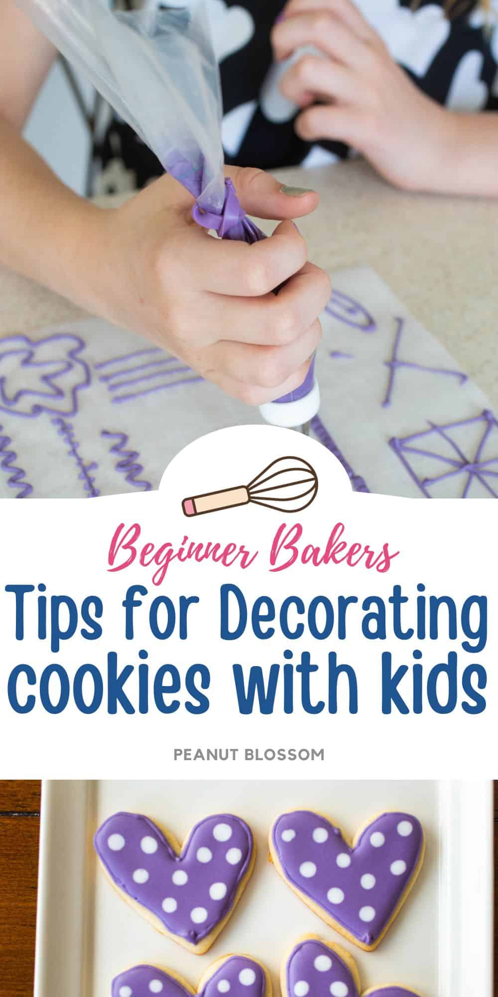 A young girl is piping icing on a practice piece of parchment paper. The second photo shows purple heart cookies with white polka dots.