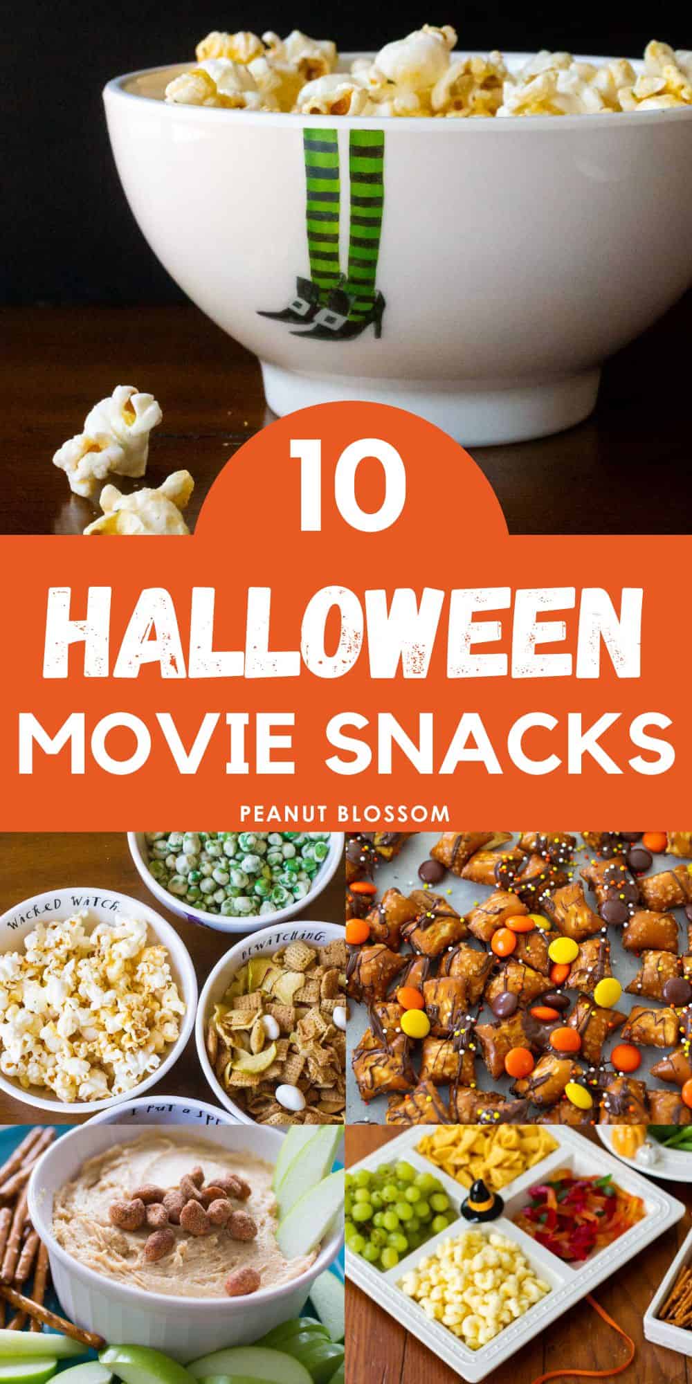 The photo collage shows several easy ideas for snacks to eat while watching Halloween movies.