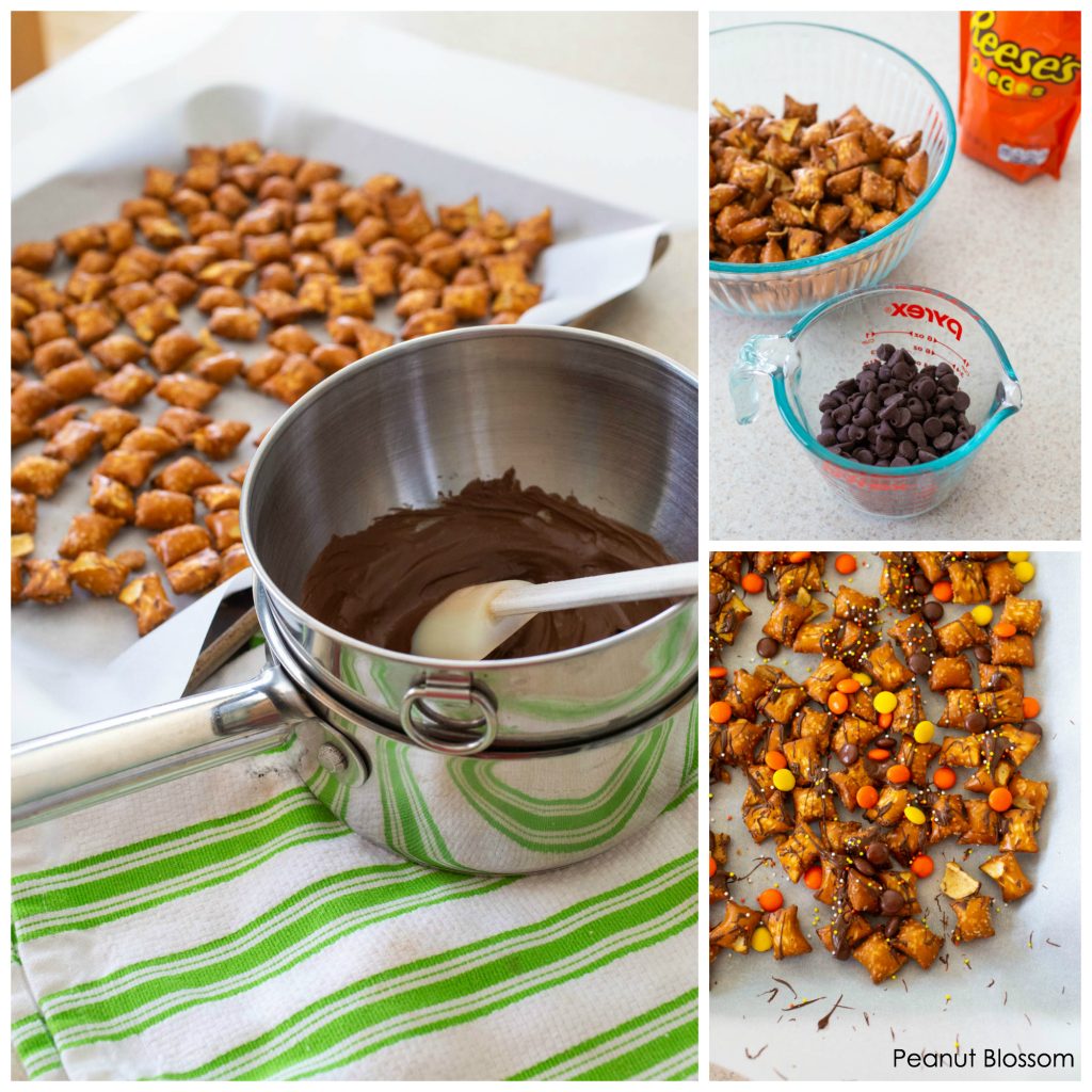 How to make a ridiculously easy chocolate peanut butter pretzels snack mix