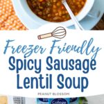 The sausage lentil soup is served in a white bowl alongside some crackers.
