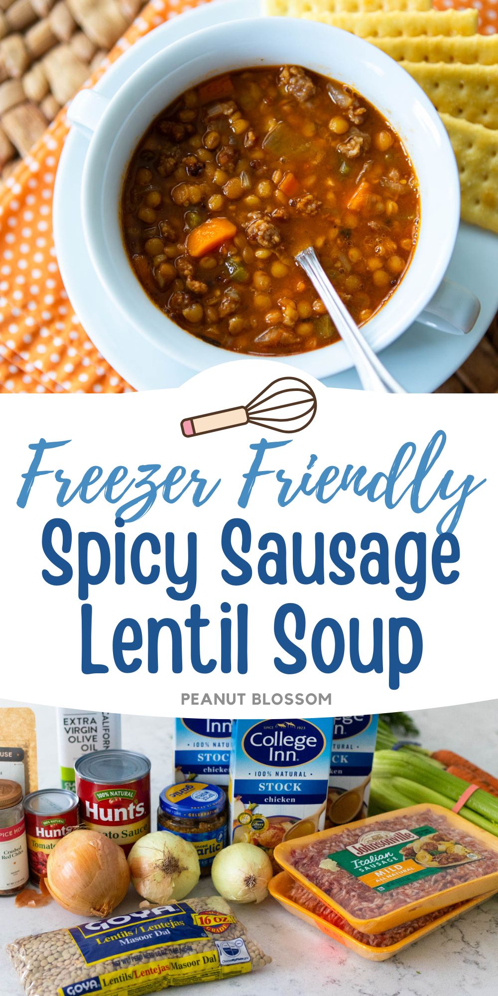 The sausage lentil soup is served in a white bowl alongside some crackers.