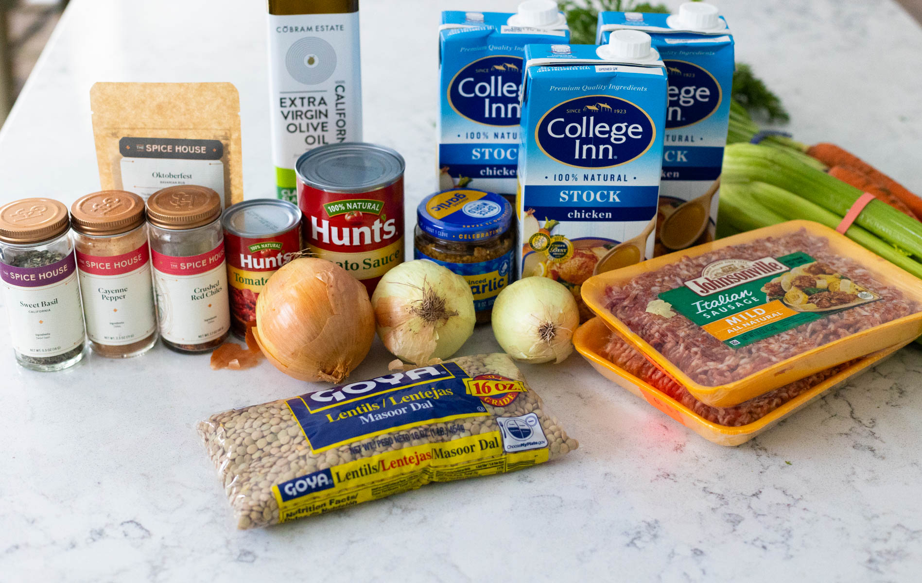 The ingredients to make the soup are on the counter.