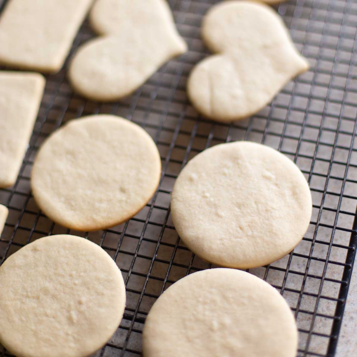 Circle and heart shaped sugar cookies are cooling on a wire rack.