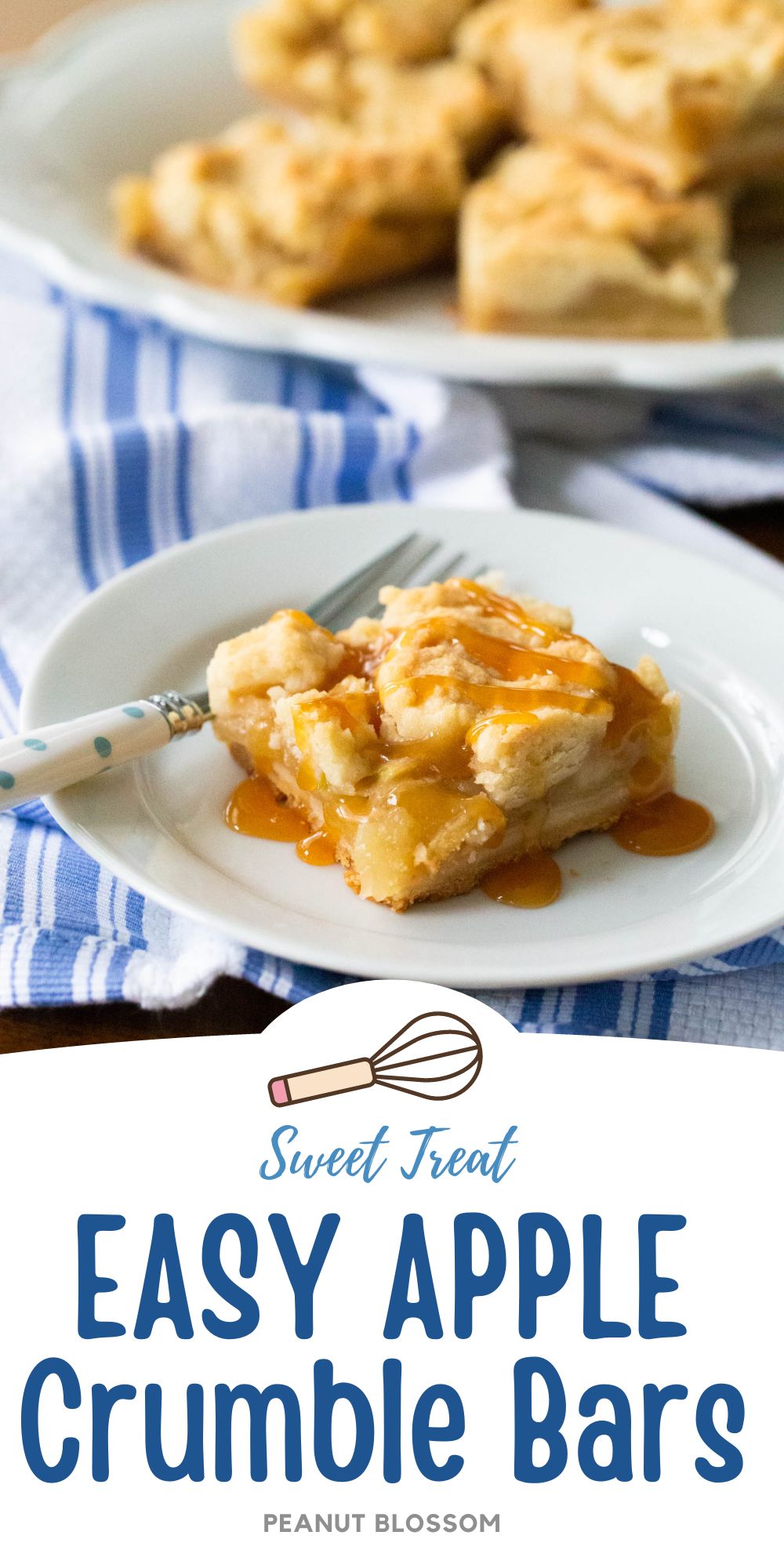 The apple crumble bars are served on a white plate with a drizzle of caramel sauce over the top.