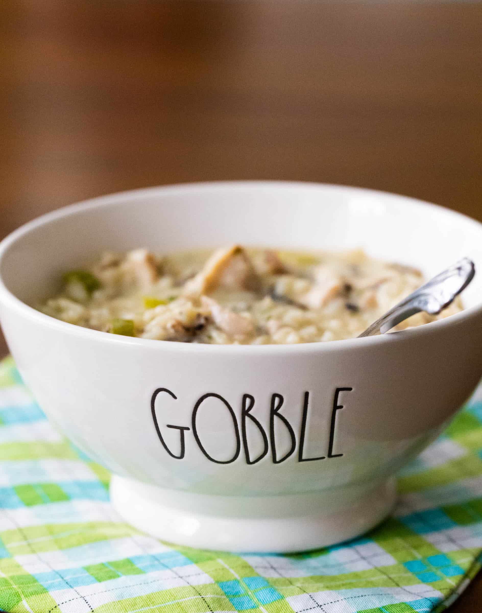 A bowl of creamy soup says "Gobble" on the front.