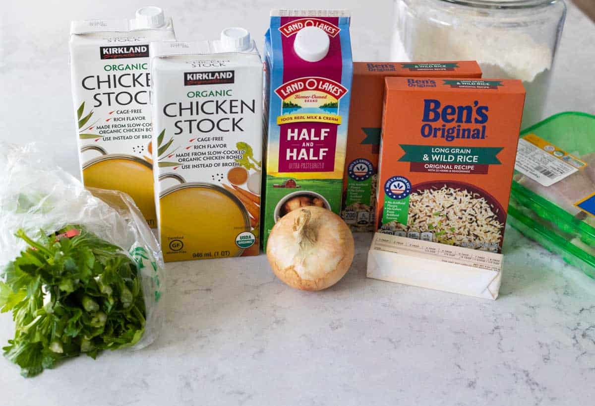 The ingredients to make the chicken soup are on the counter.