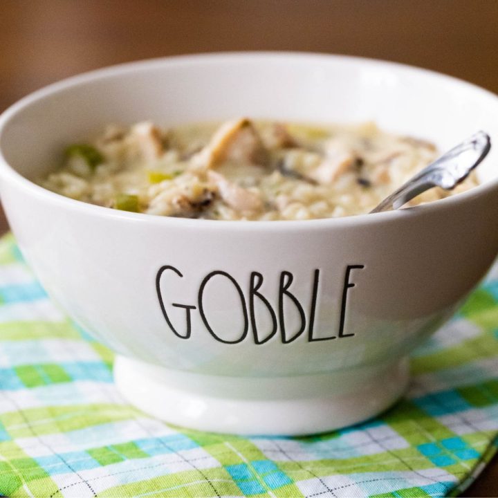 A bowl of creamy soup says "Gobble" on the front.