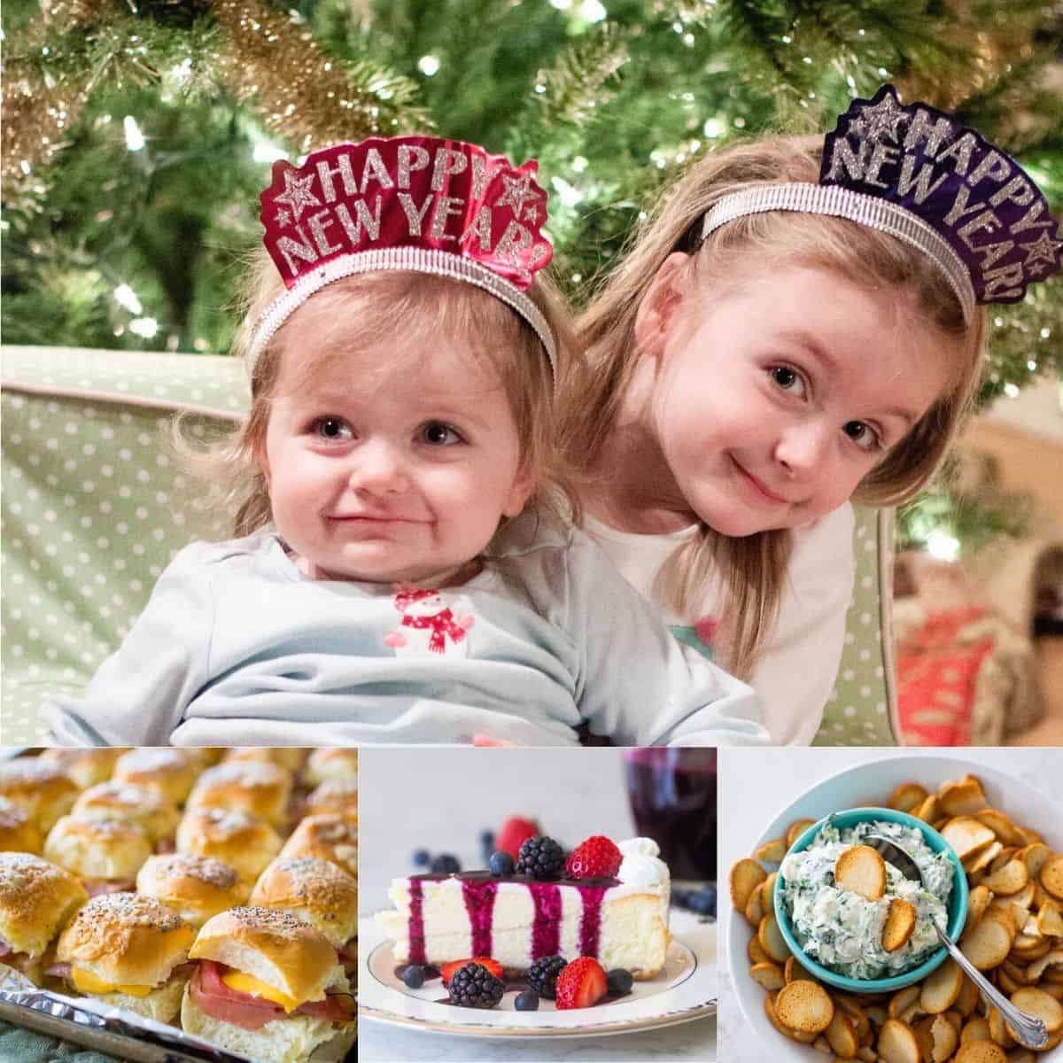 Two young girls wearing "Happy New Year" tiaras pose for a photo. Below is a collage of recipe ideas.