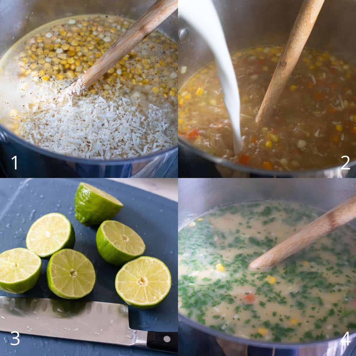 The step by step photos show how to build the chicken soup.