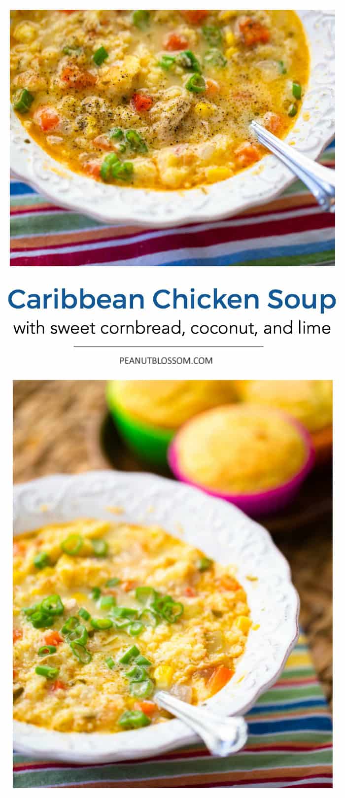 Caribbean chicken soup with sweet cornbread, coconut, and lime juice