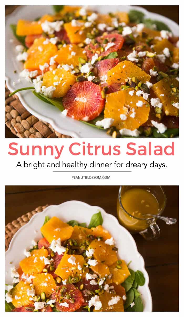 The text on this photo says: "Sunny Citrus Salad: a bright and healthy dinner for dreary days."