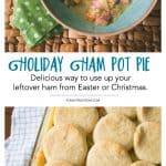 The serving of the pot pie in a bowl next to a photo of the biscuits on top of the baking dish.