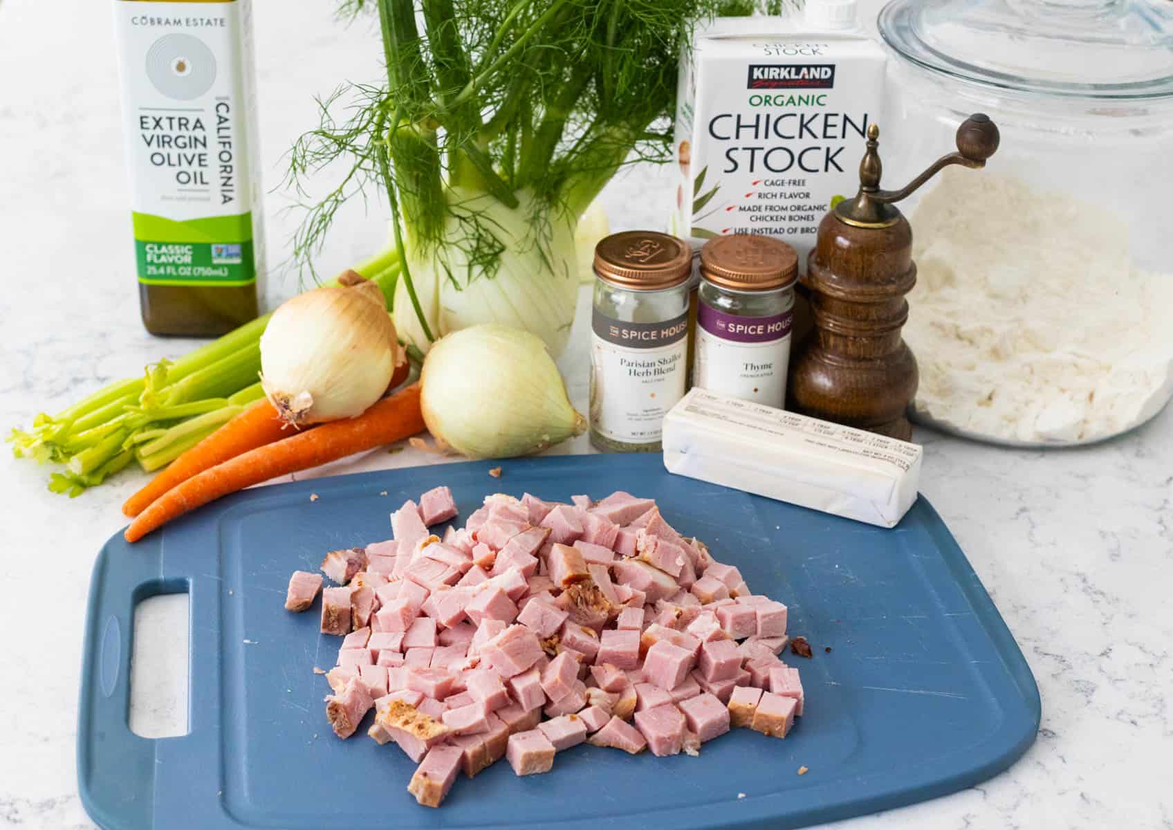 The ingredients to make the ham pot pie filling are on the counter.