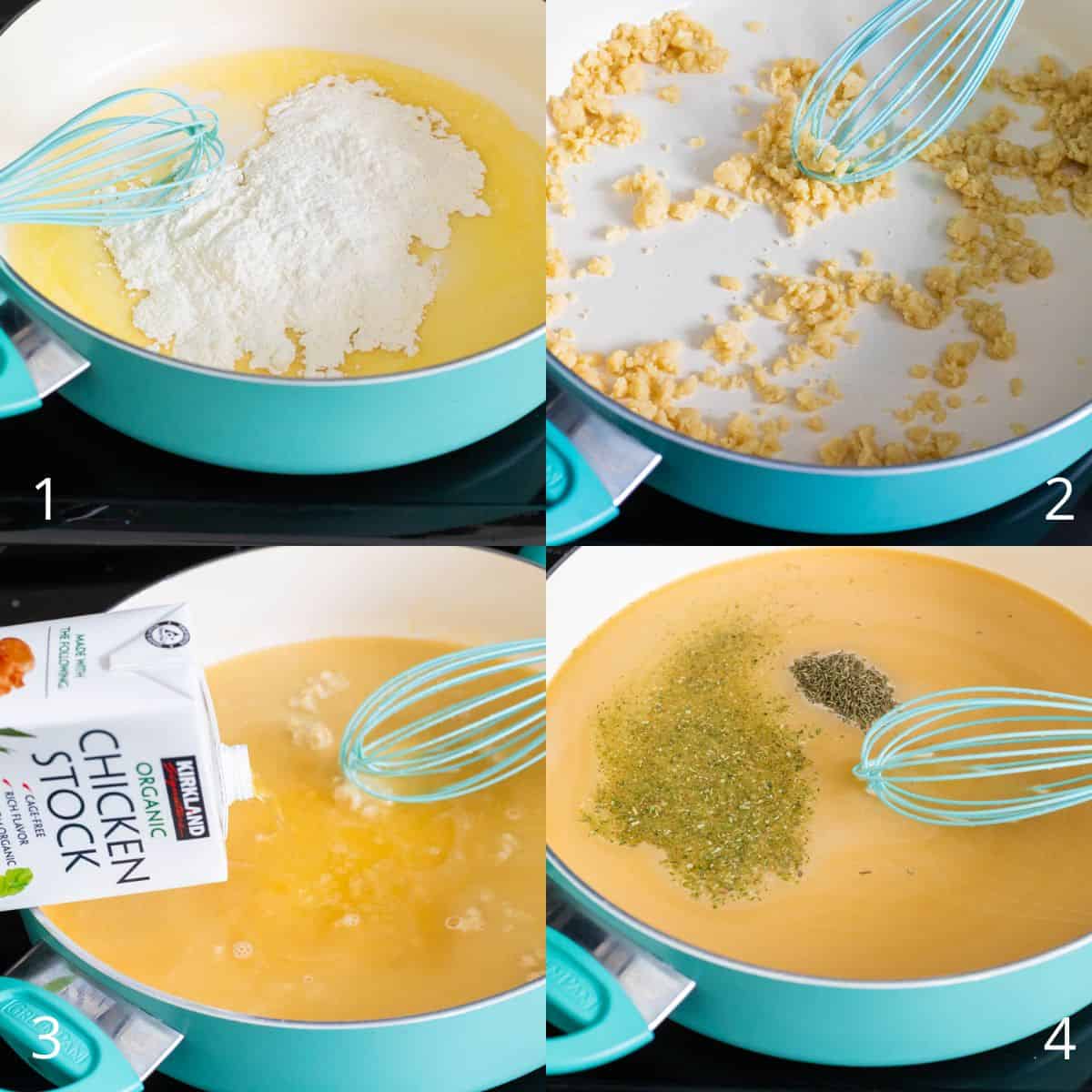 The step by step photo collage shows how to make the pot pie sauce.
