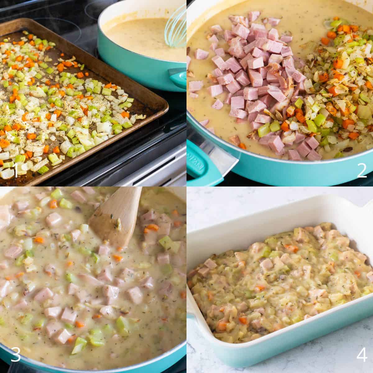 The step by step photos show how to add the ham and veggies to the sauce.