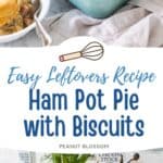 A blue baking dish is filled with ham pot pie with biscuits on top.