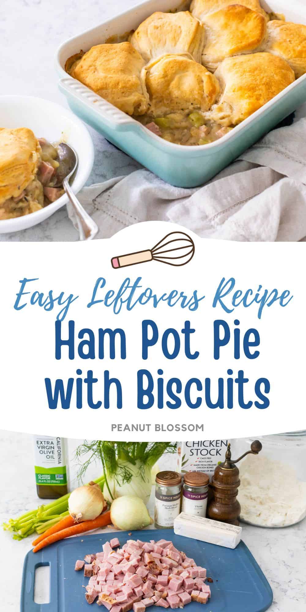 A blue baking dish is filled with ham pot pie with biscuits on top.