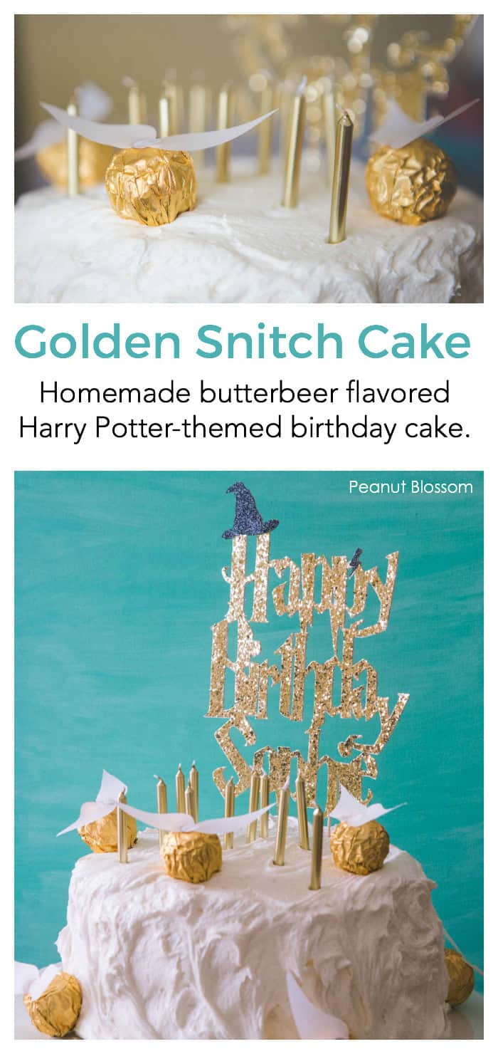 Easy Golden Snitches for a Harry Potter cake. This butterbeer cake with marshmallow frosting is so easy!