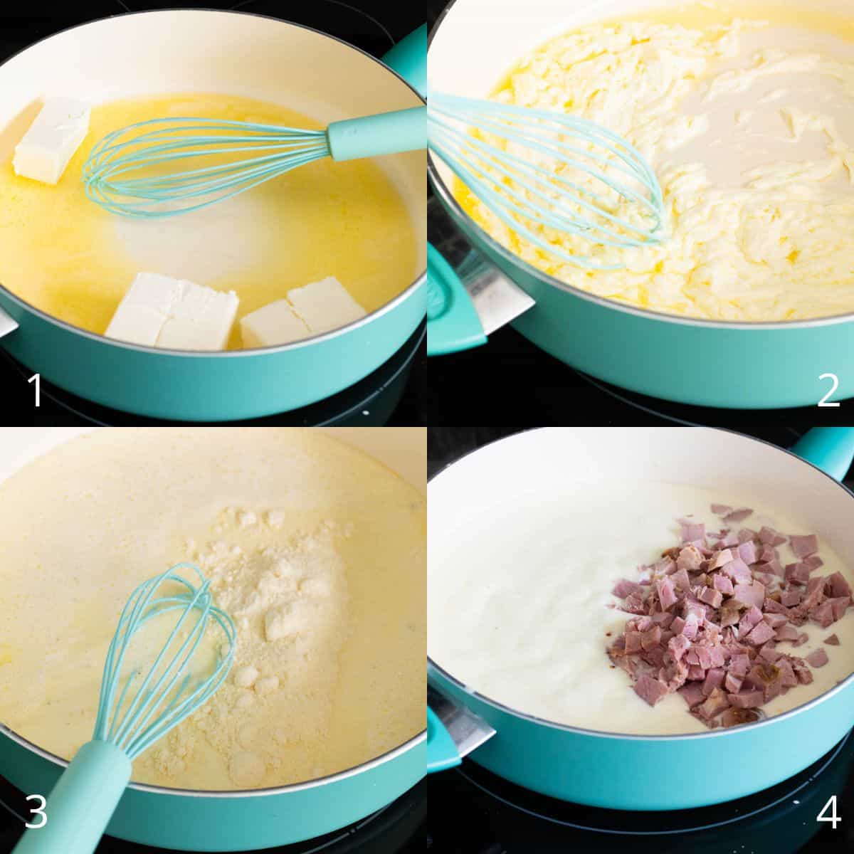 The step by step photos show how to make the alfredo sauce in a large skillet.