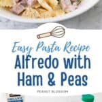 A white bowl filled with farfalle pasta, cubed ham, and peas to show the ham and peas alfredo recipe.