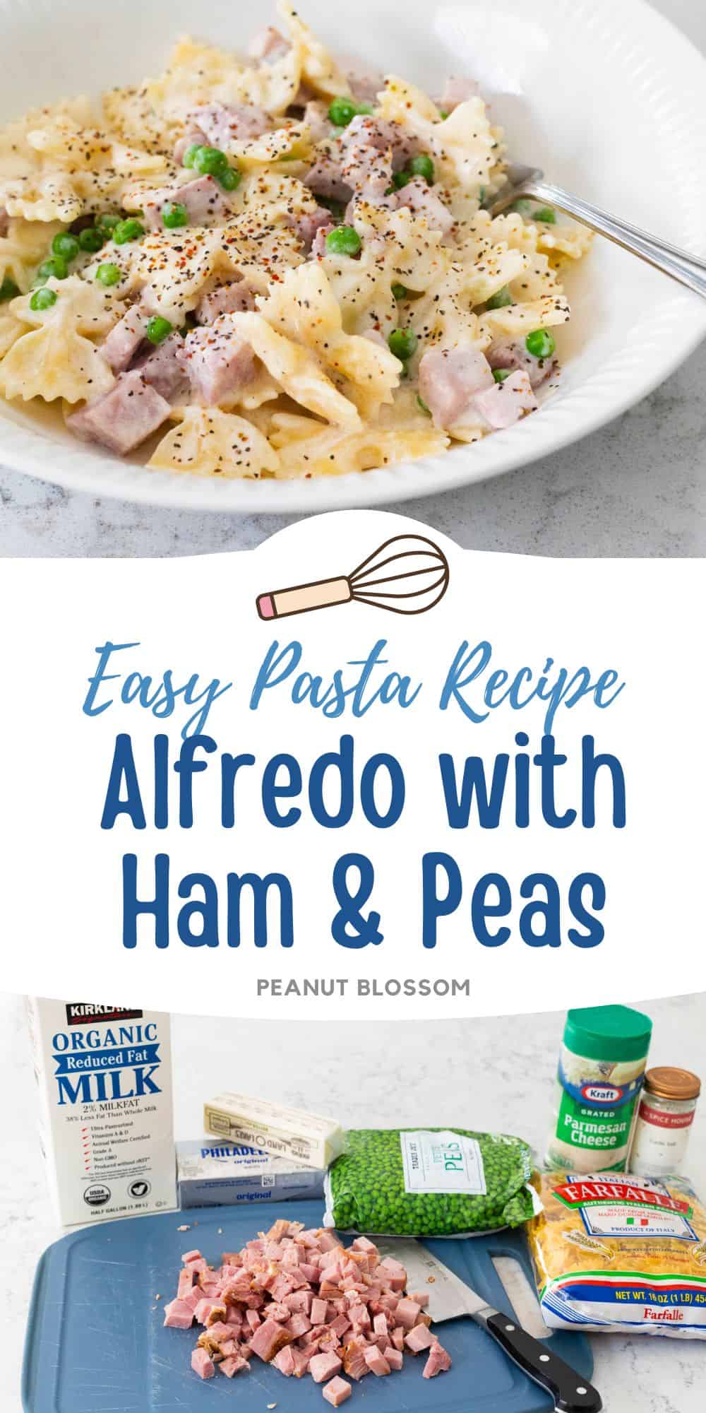 A white bowl filled with farfalle pasta, cubed ham, and peas to show the ham and peas alfredo recipe.