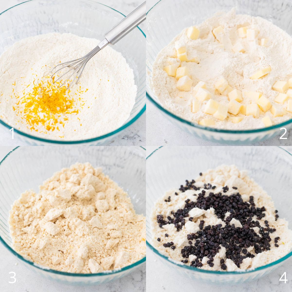 The step by step photos show how to mix the dry ingredients and work in the butter.