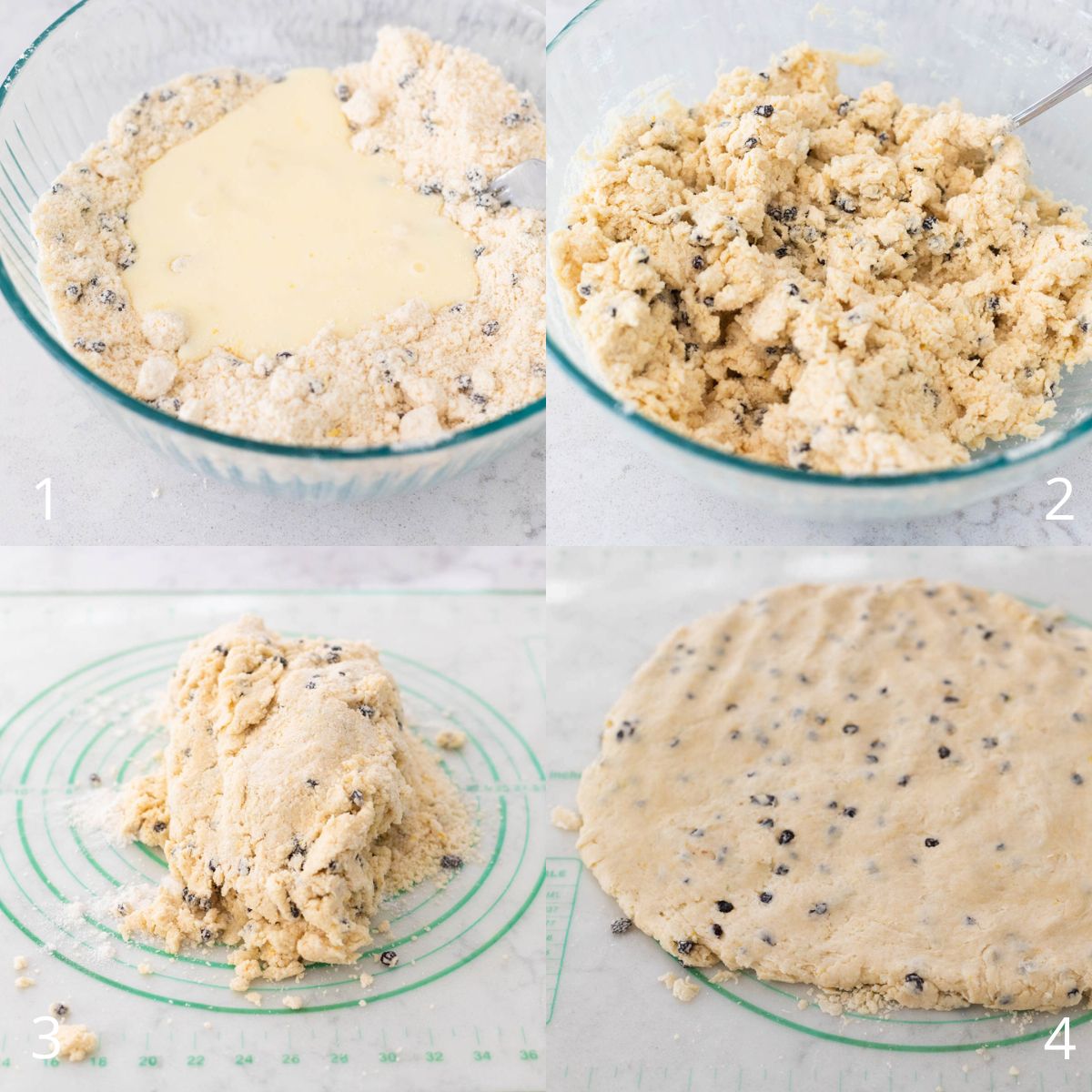 The step by step photos show how to work the biscuit dough into shape for cutting.
