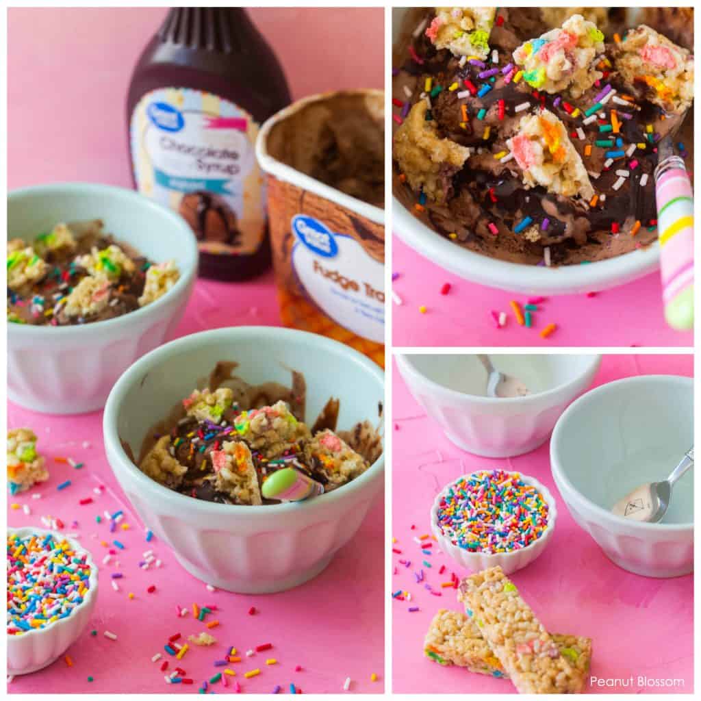 Mud puddles & rainbows: one of the most fun desserts to make with kids! Chocolate ice cream, Lucky Charms cereal treats, and rainbow sprinkles make such a fun combo!