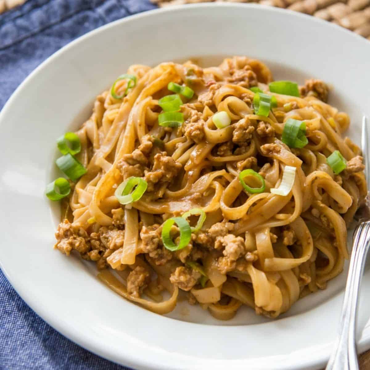 A serving of Chinese noodles with ground pork has green onions sprinkled over the top.