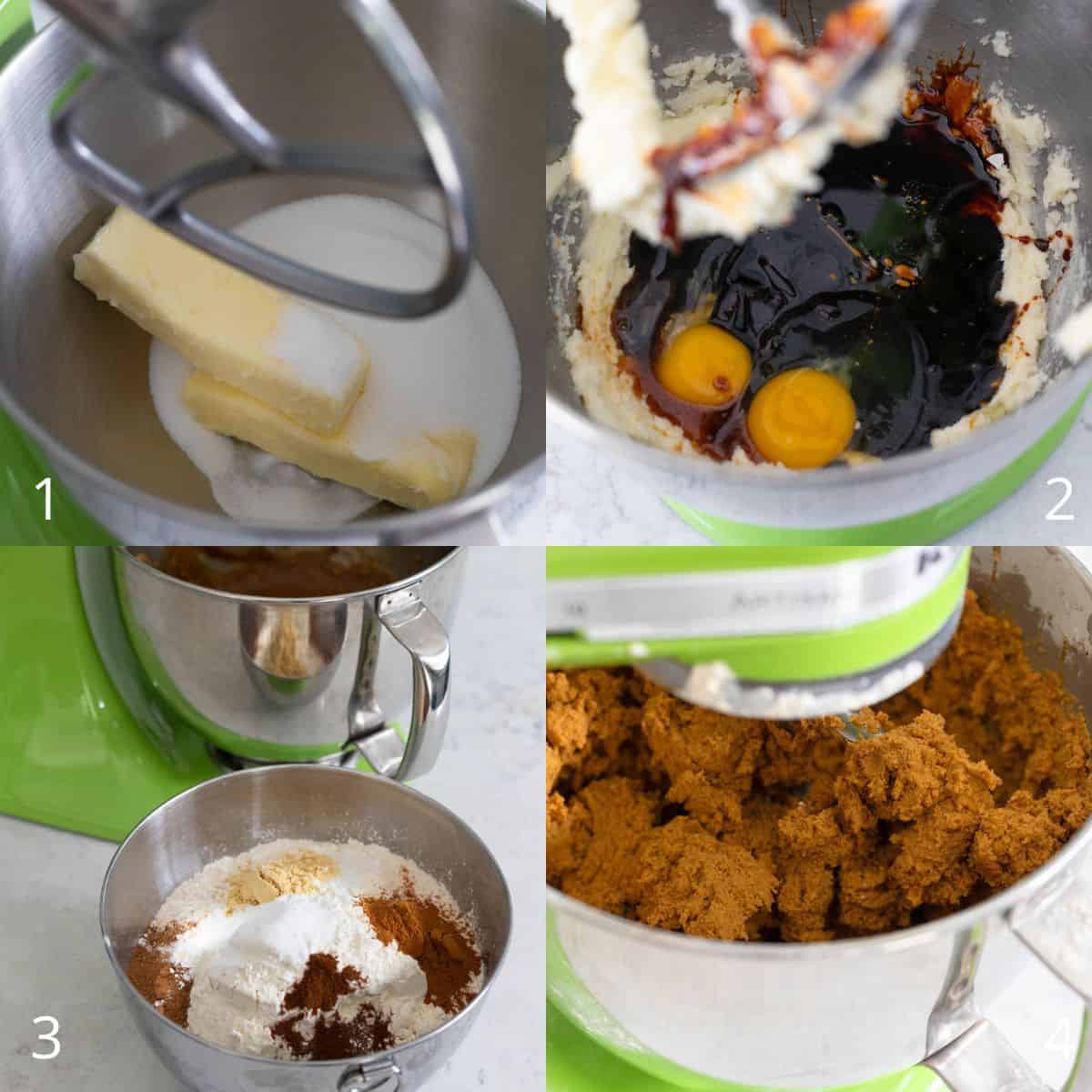 The step by step photo collage shows how to mix the gingerbread cookie dough in a stand mixer.