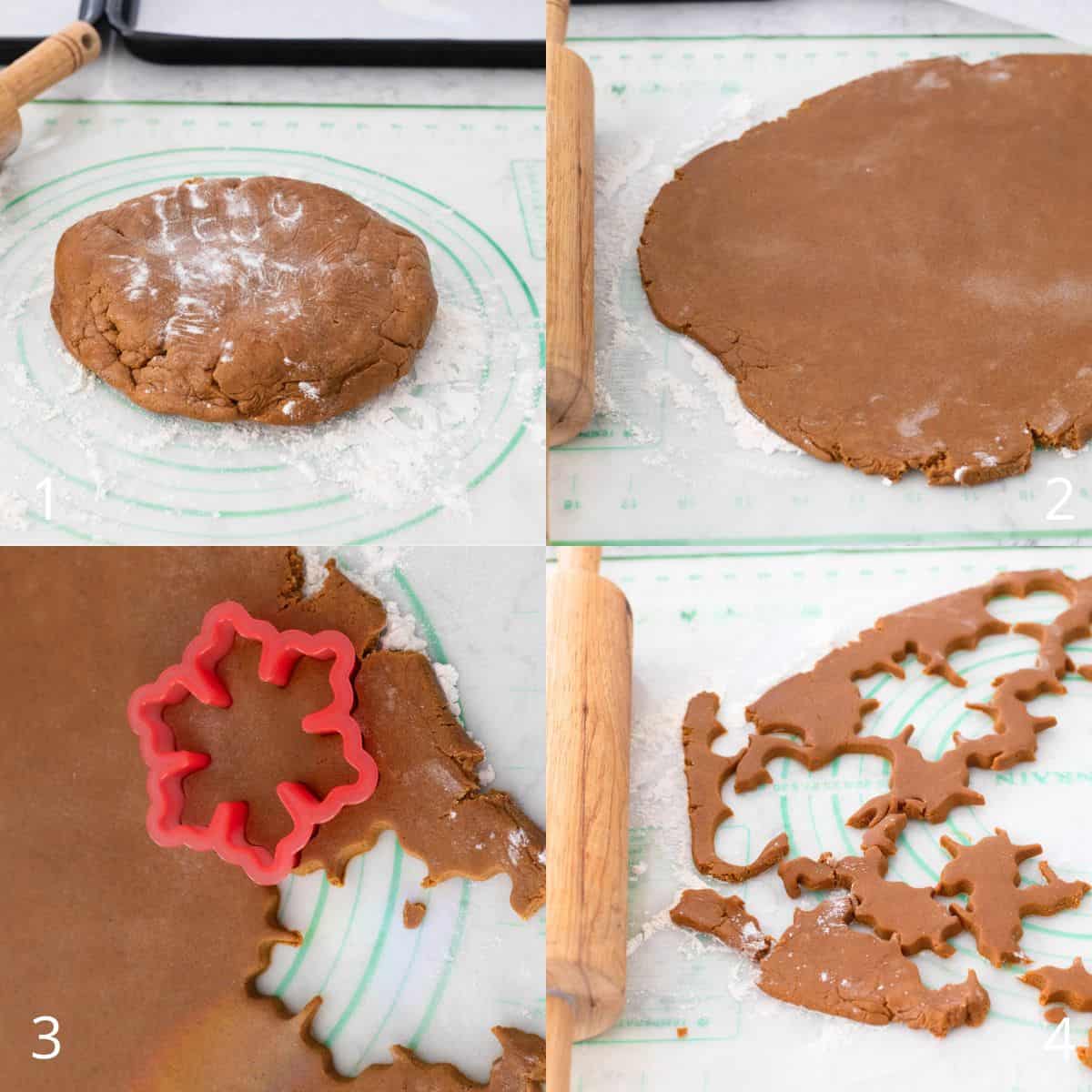 The step by step photo collage shows how to roll out the cookie dough and cut it with cookie cutters.