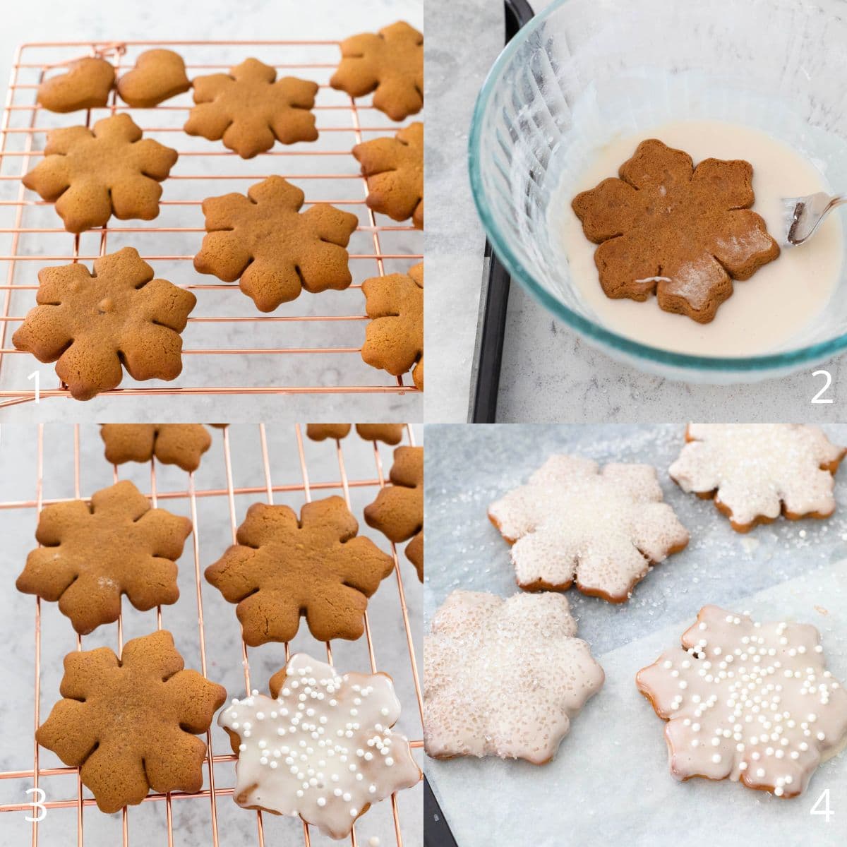 The step by step photo collage shows how to decorate the gingerbread cookies with a glaze and sprinkles.