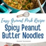 The skillet dinner has noodles and ground pork. The second photo shows all the ingredients needed to make it.