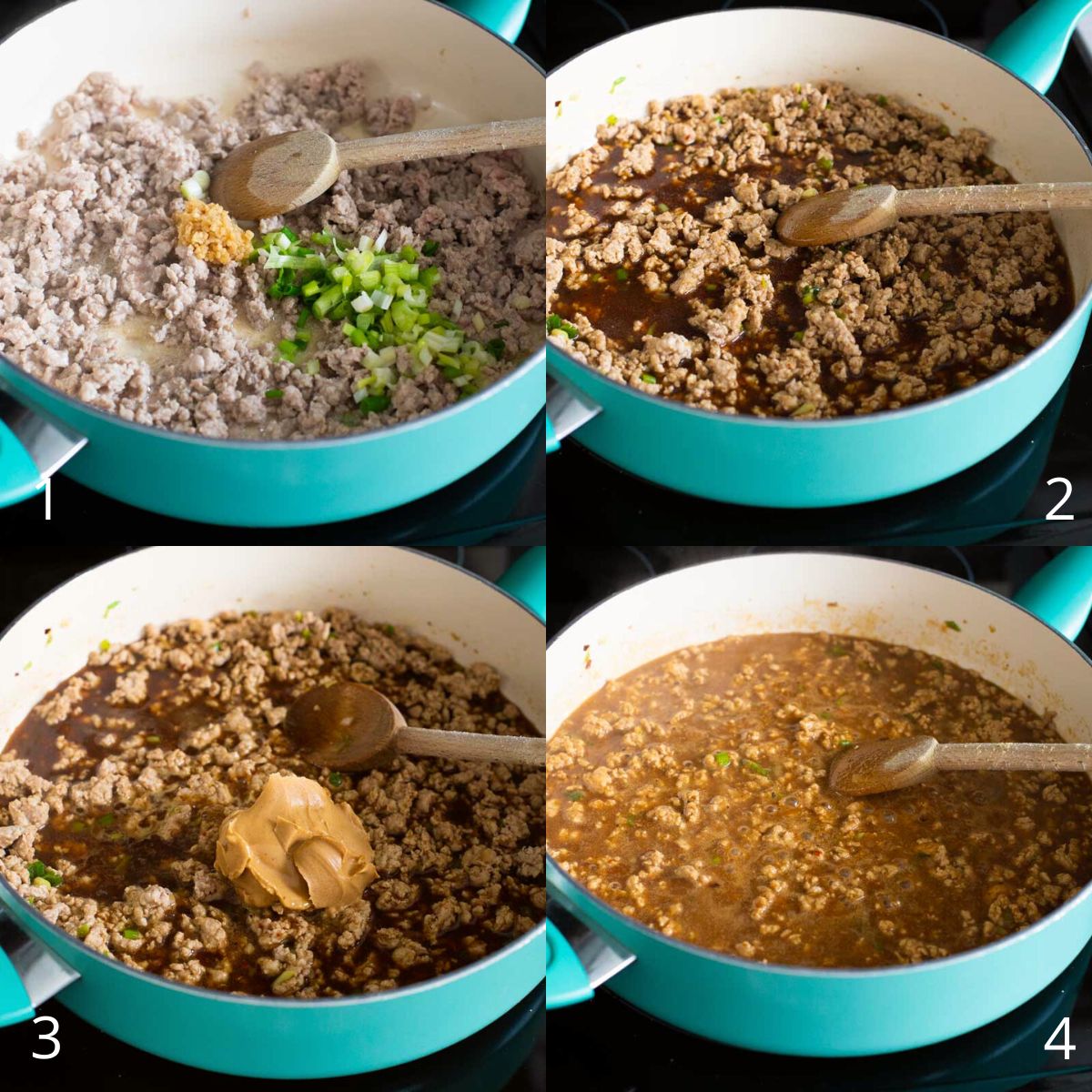 The step by step photos show how to brown the pork and build the spicy peanut sauce.