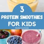 The photo collage shows 3 different smoothies next to displays of fresh fruit.