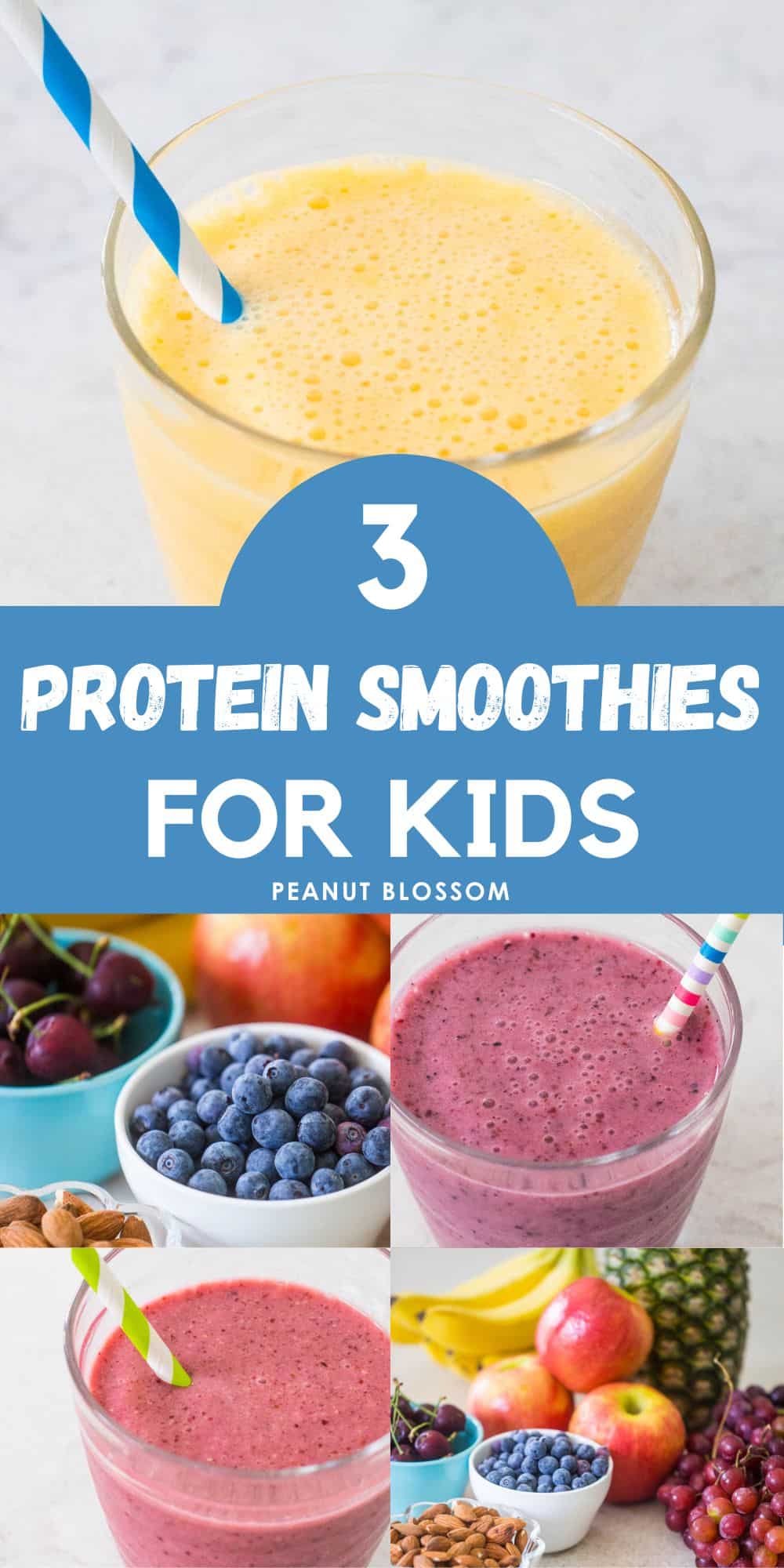 The photo collage shows 3 different smoothies next to displays of fresh fruit.