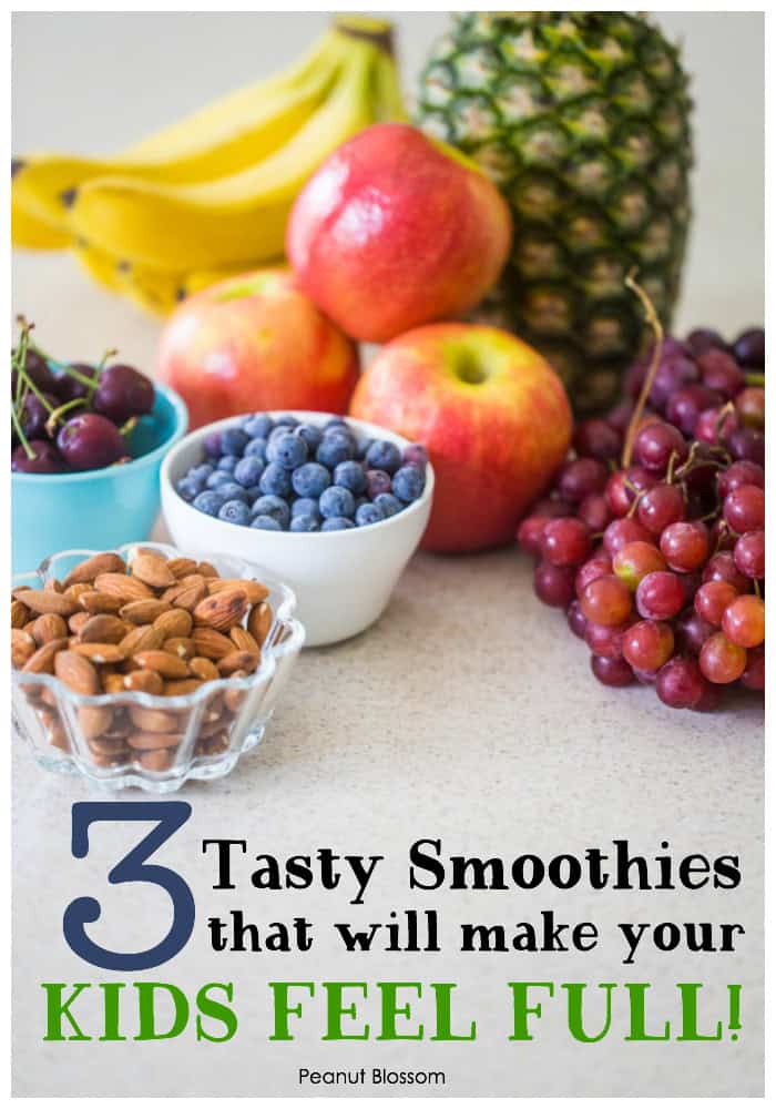 3 tasty smoothie recipes for kids that will help them feel full! These delicious smoothies are packed with protein that will help fill tummies and give your kids energy to last all morning long.