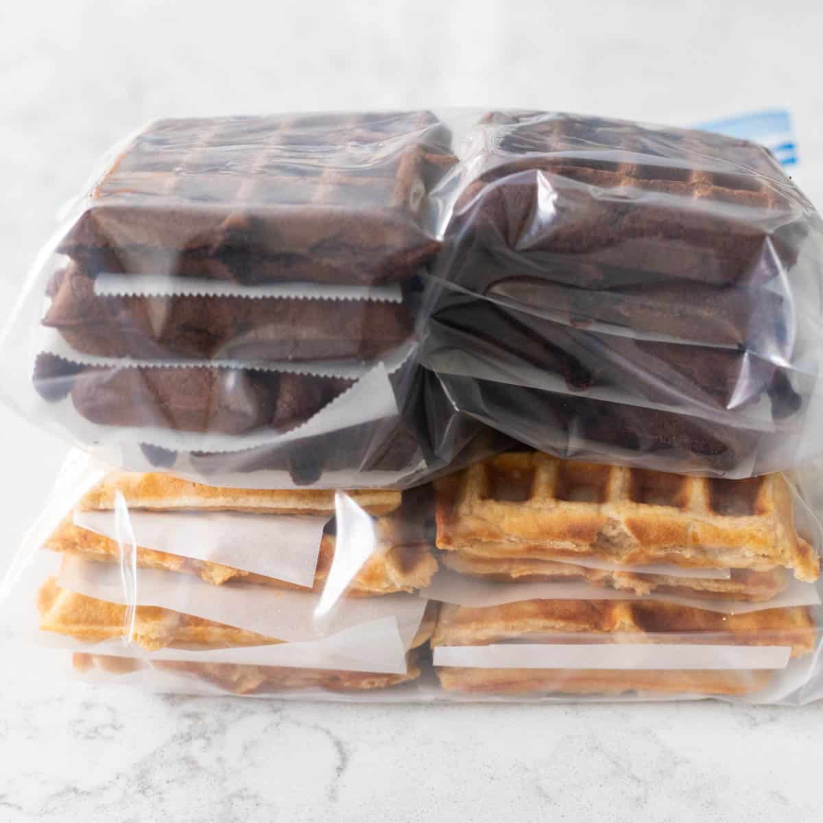 Stacks of waffles have been prepped for the freezer.