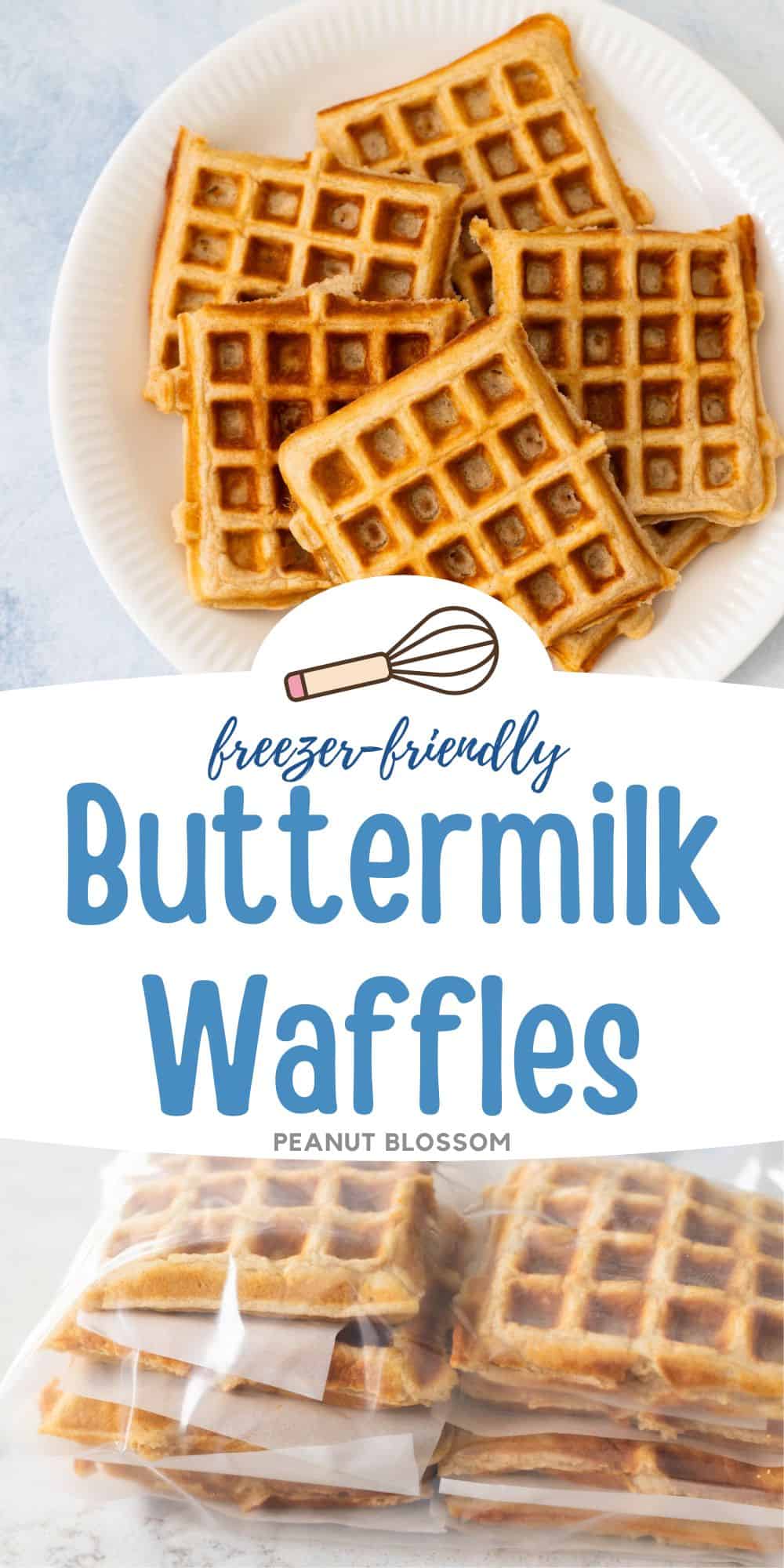 The photo collage shows the waffles on top and the waffles in a freezer bag below.