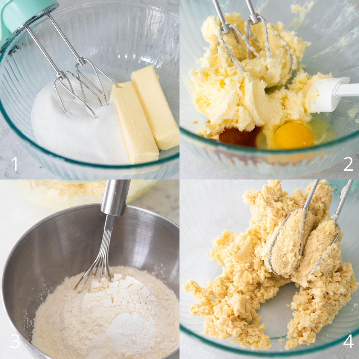 The step by step photos show how to mix the cookie dough in a mixing bowl with a hand mixer.
