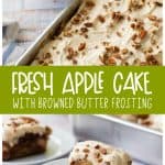 The apple cake has been sliced to show the layers of fresh apples inside.