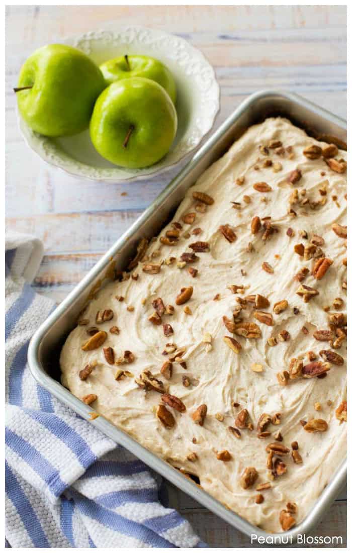 Fresh apple cake recipe with browned butter frosting and chopped pecans is a perfect fall dessert.