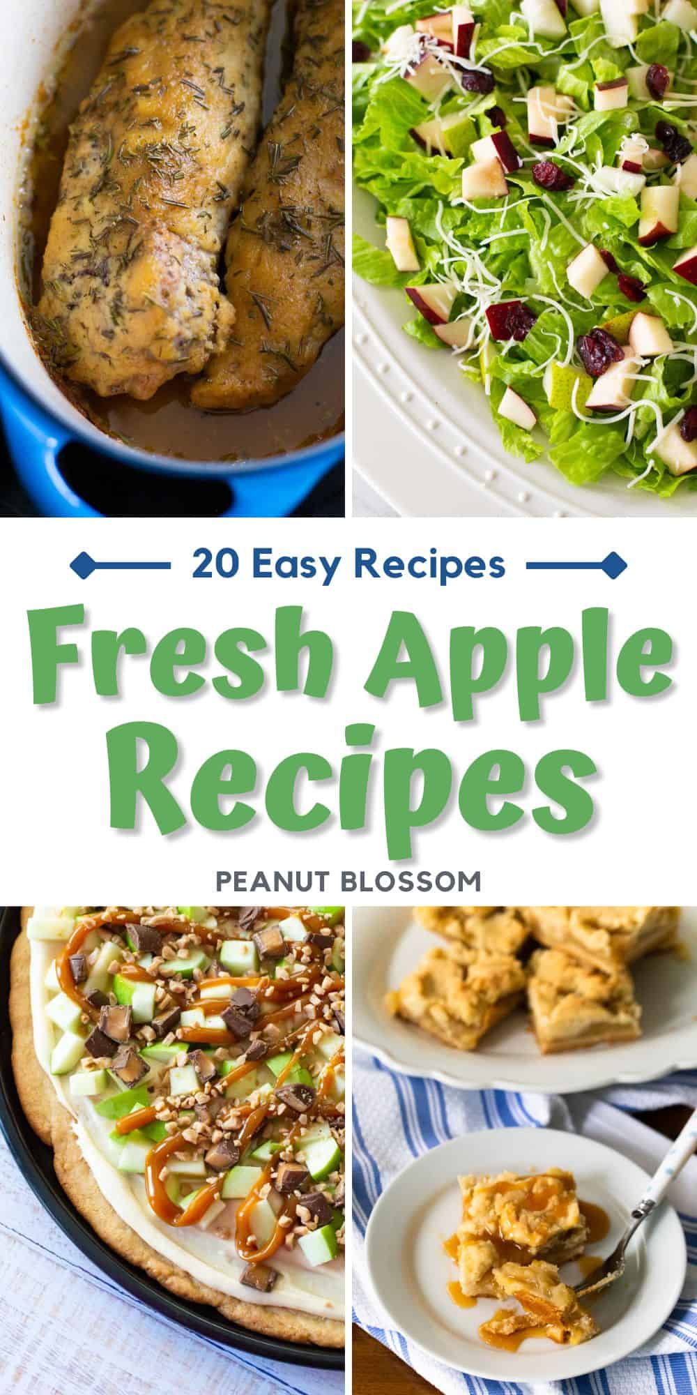 The photo collage shows 4 apple recipes including pork in applesauce, an apple salad, a taffy apple pizza, and apple crumble bars.