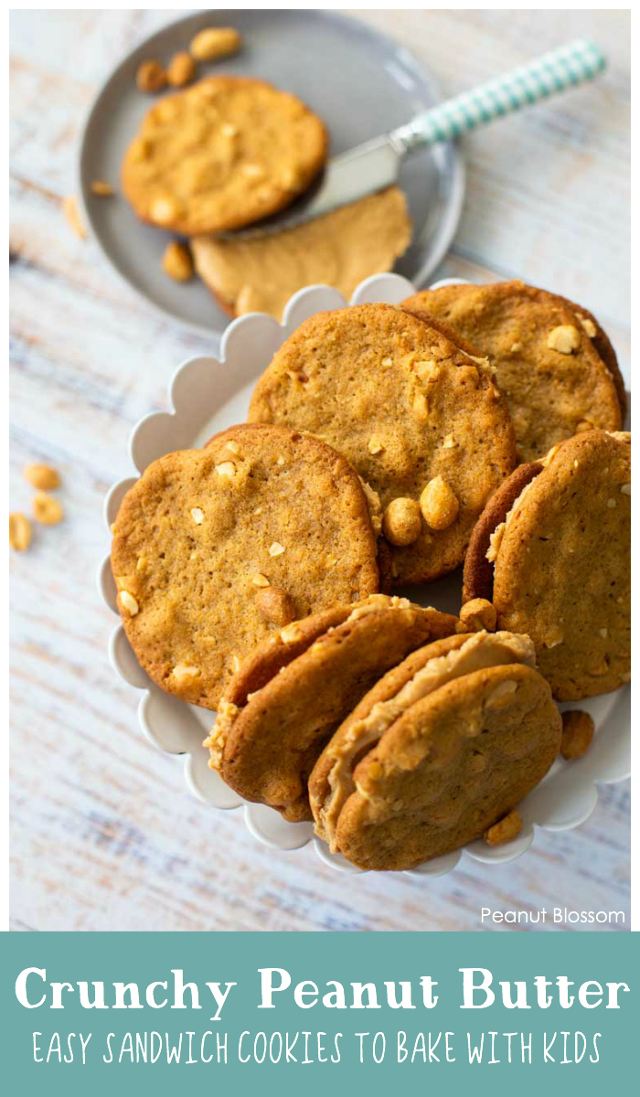 Crunchy peanut butter cookies are perfect for baking cookie sandwiches with kids.
