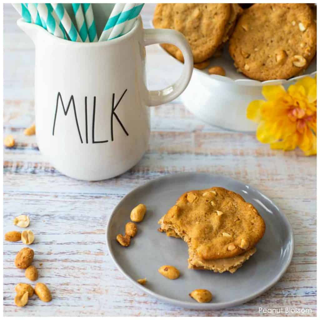 Easy crunchy peanut butter cookies sandwiched with creamy peanut butter filling.