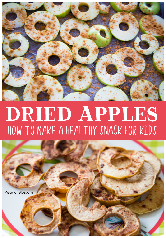The photo collage shows a pan of apple slices ready to bake next to a plate with the crispy apples fresh from the oven.